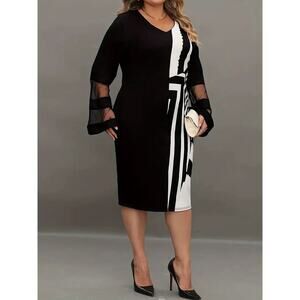 plus-size black and white V-neck midi dress geometric colorblock Measures 3XL